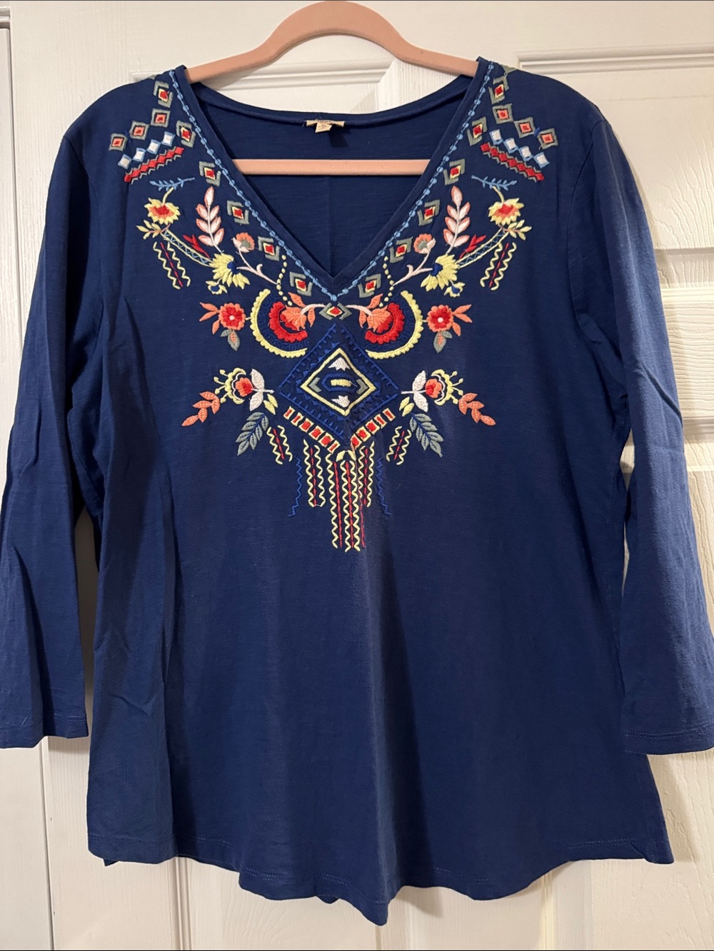 Reba Navy V-Neck Tunic with Multicolor Embroidery